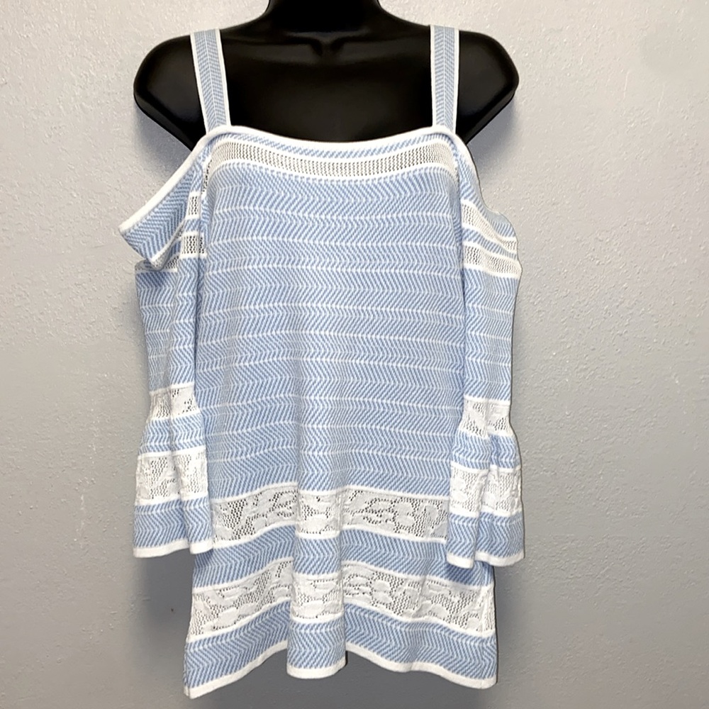 Boston Proper Off -the-Shoulder Blue  & White Bell Sleeves Knit Sweater: 3495 - Picture 2 of 9